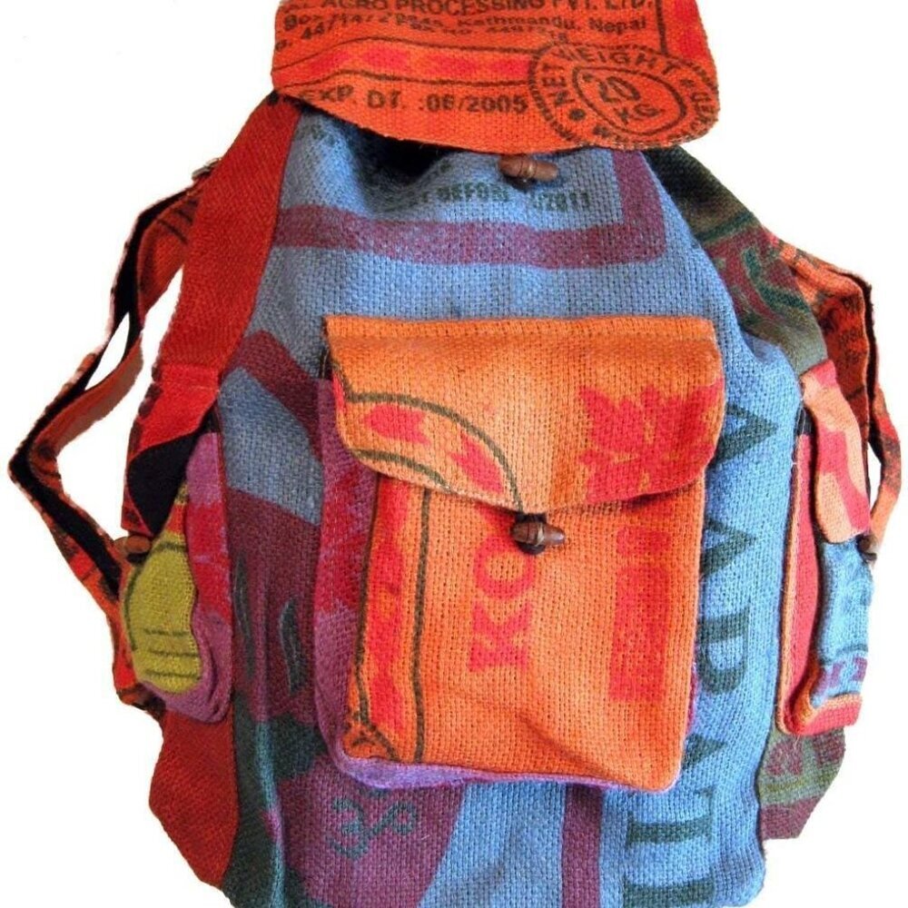 Recycled Jute Rice Bag Backpack Hand Made Nepal - Picture 8 of 9